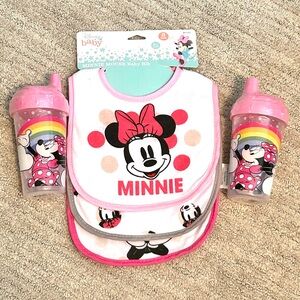 Disney Baby Minnie Mouse 3 PK Bib Set and 2 Sippie 10oz. Cups. NWT